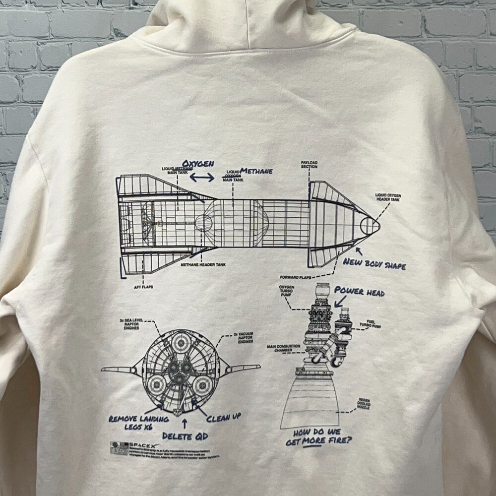 SpaceX Starship Schematics Hoodie Ivory Hooded Sweatshirt Made In USA XXL 2XL